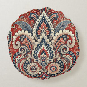 Elegant Red, White & Blue Paisley Floral Pattern Round Cushion