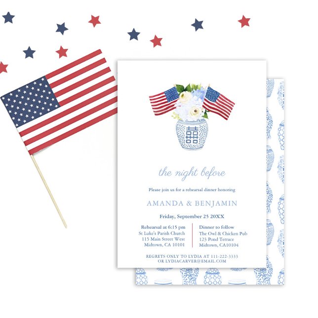 Elegant Red White Blue Wedding Rehearsal Dinner Invitation (Elegant All-American Ginger Jar Florals Rehearsal Dinner Invitation)