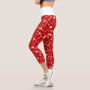 Elegant Red & White Christmas Pattern Capri Leggings