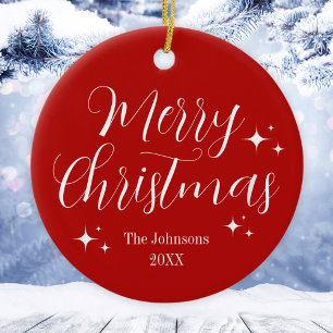 Elegant Red White Custom Merry Christmas Ornament