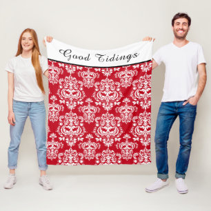 Elegant Red White Damask Pattern Good Tidings Fleece Blanket