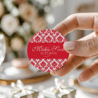 Elegant Red White Damask Wedding Favour Classic Round Sticker