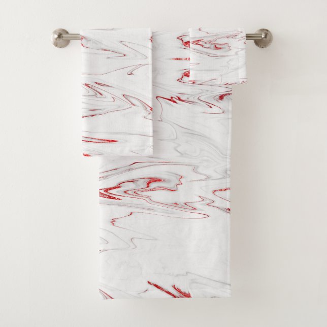 Elegant Red White Faux Marble Bath Towel Set (Insitu)