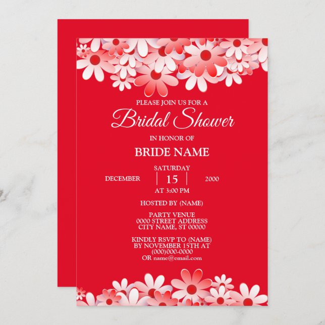 Elegant Red White Floral Bridal Shower Party Invitation (Front/Back)