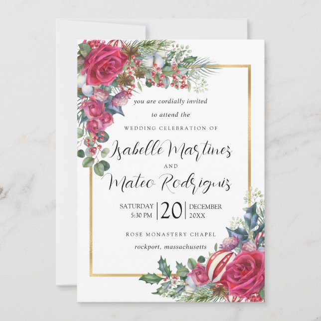 Elegant Red White Floral Christmas Wedding Invitation (Front)