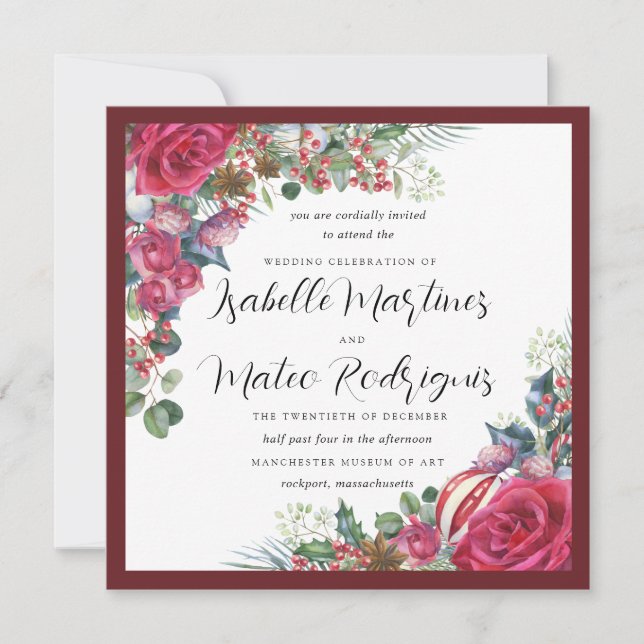 Elegant Red White Floral Christmas Wedding Square Invitation (Front)