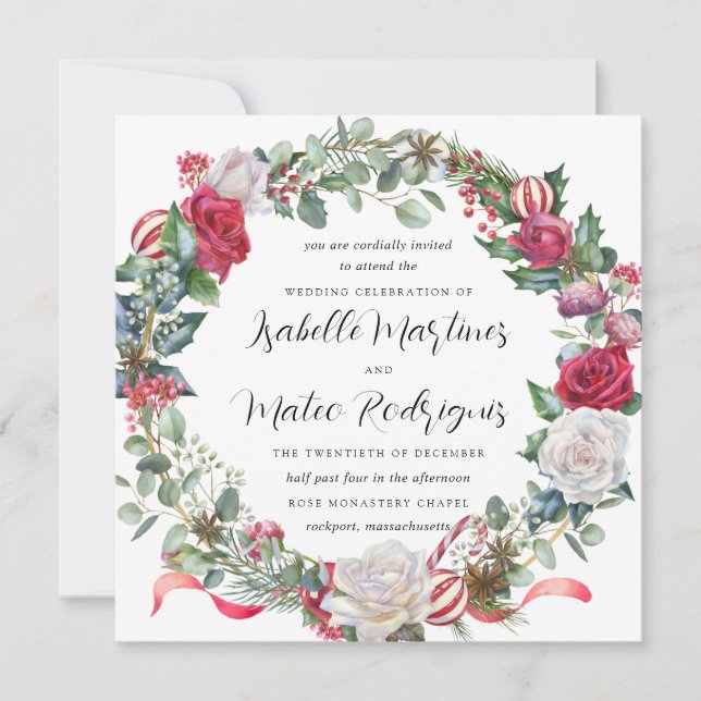 Elegant Red White Floral Christmas Wedding Square  Invitation (Front)