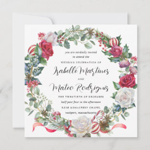 Elegant Red White Floral Christmas Wedding Square  Invitation