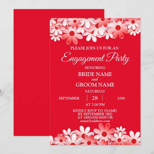 Elegant Red White Floral Engagement Party Invitation (Front/Back)