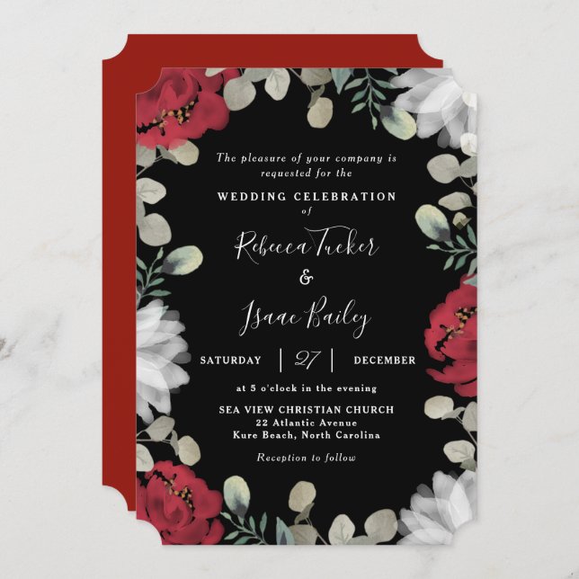 Elegant Red & White Floral Greenery Black Wedding Invitation (Front/Back)