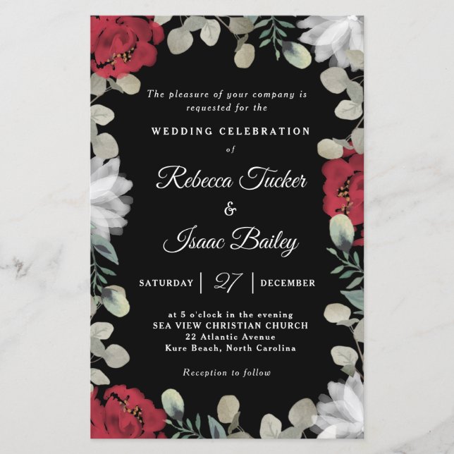 Elegant Red White Floral Greenery Wedding Invite (Front)