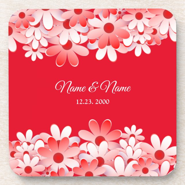 Elegant Red White Floral Name Coaster (Front)