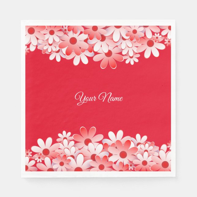 Elegant Red White Floral Name Party Napkin (Front)