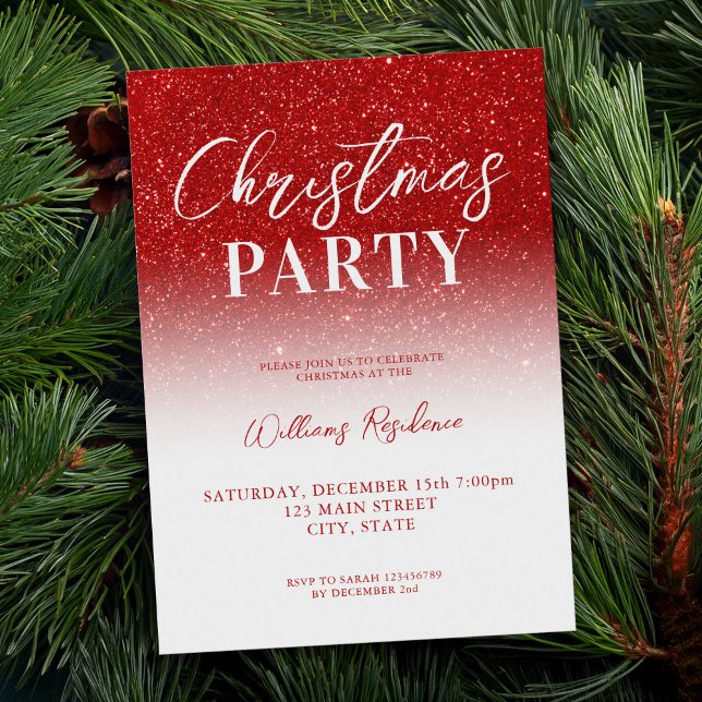 Elegant Red White Glitter Holiday Party Christmas Invitation (Creator Uploaded)