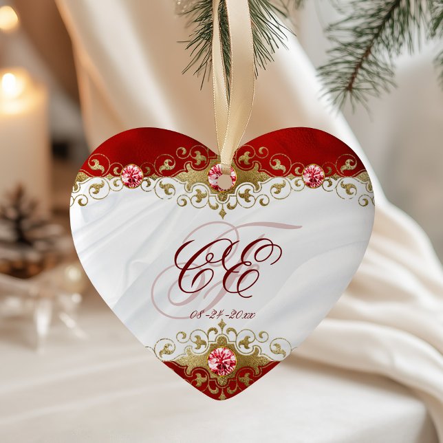 Elegant Red White Gold Monogram Wedding Ceramic Ornament (Creator Uploaded)