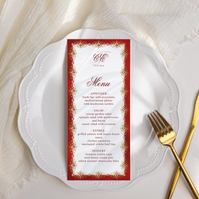 Elegant Red White Gold Monogram Wedding Menu (Creator Uploaded)