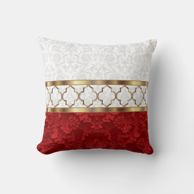 Elegant Red, White & Gold Quatrefoil Pattern Cushion (Front)