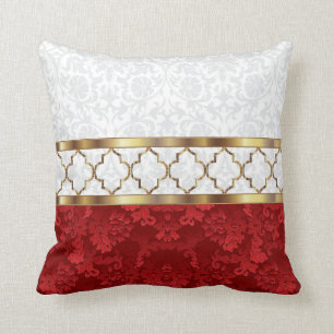 Elegant Red, White & Gold Quatrefoil Pattern Cushion