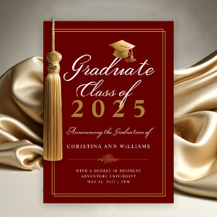 Elegant Red White Gold Script College Graduation Announcement