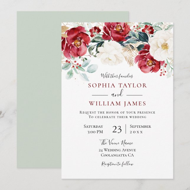 Elegant Red White Green Floral Holiday Wedding Invitation (Front/Back)