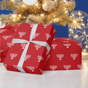 Elegant red white Jewish menorah pattern Hanukkah Wrapping Paper