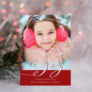 Elegant Red & White Joy Script Photo Holiday Card
