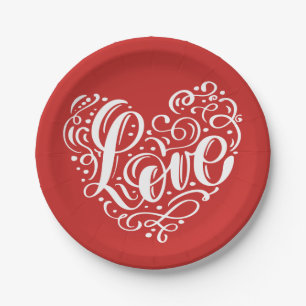 Elegant Red White Love Wedding Heart Bridal Shower Paper Plate