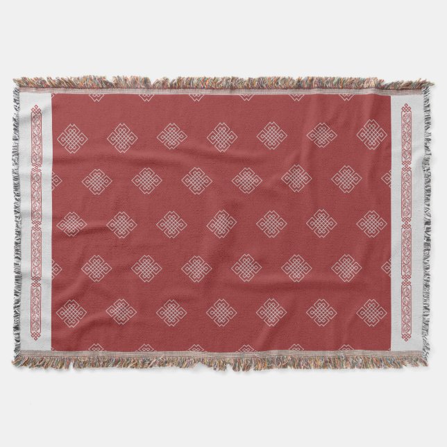 Elegant Red White Mongolian Traditional Pattern Throw Blanket (Front)