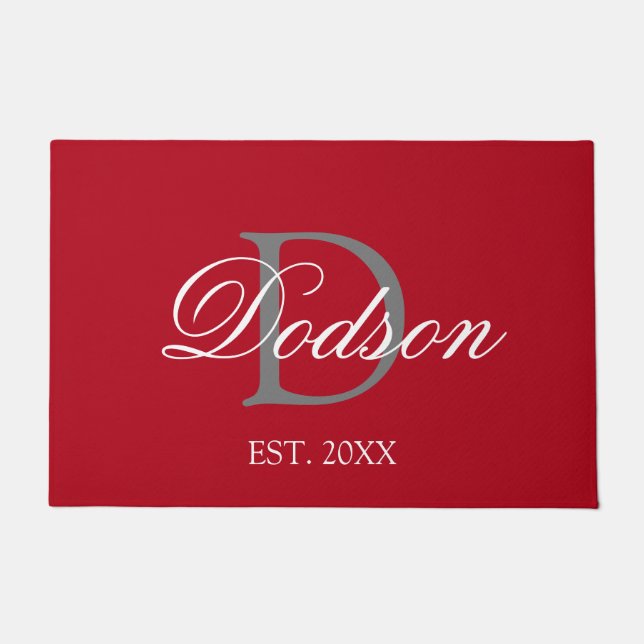 Elegant Red White Monogram Date Established Doormat (Front)