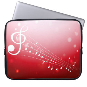 Elegant Red-White Music Notes Background Laptop Sleeve