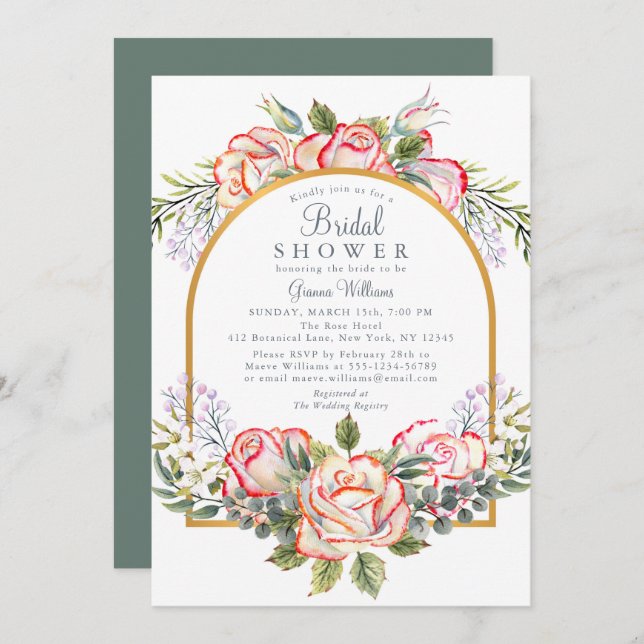 Elegant Red White Rose Floral Bridal Shower Invitation (Front/Back)
