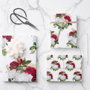 Elegant Red White Roses Bouquet Wrapping Paper Sheet