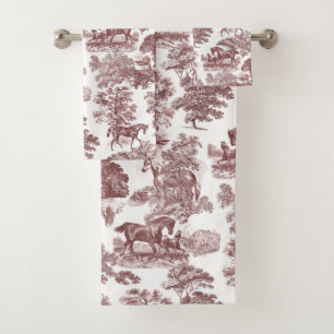 Elegant Red White Rustic Horses Toile  Bath Towel Set
