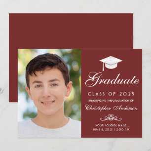 Elegant Red White Script Photo Graduation Announcement