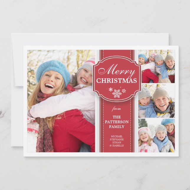 Elegant  Red & White Snow 4 Photo Greeting Card (Front)
