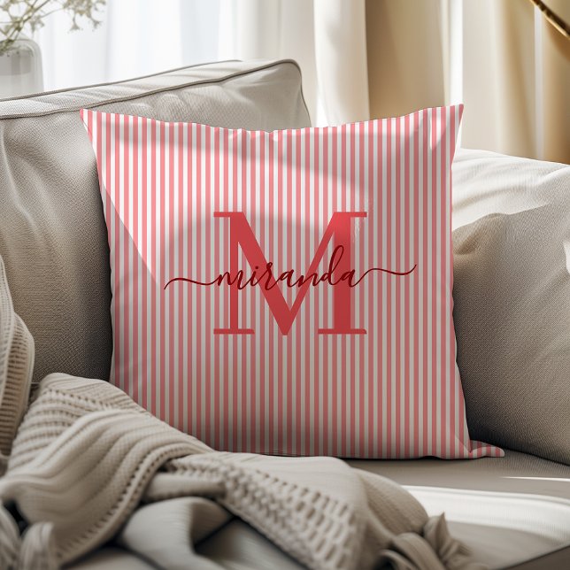 Elegant Red & White Stripes Monogram Name Cushion (Creator Uploaded)