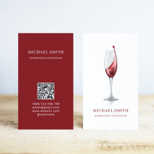 Elegant Red Wine Glass Bar Winery QR Code  Business Card