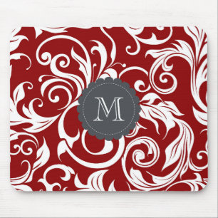 Elegant Red Wine Monogram Floral Wallpaper Mouse Pad