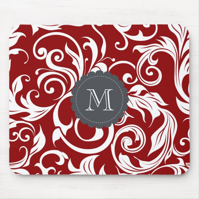 Elegant Red Wine Monogram Floral Wallpaper Mouse Pad (Front)