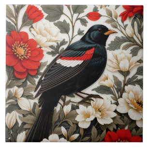Elegant Red-winged Blackbird Red and Cream Floral Ceramic Tile