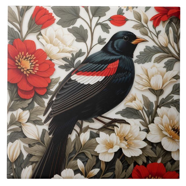 Elegant Red-winged Blackbird Red and Cream Floral Ceramic Tile (Front)
