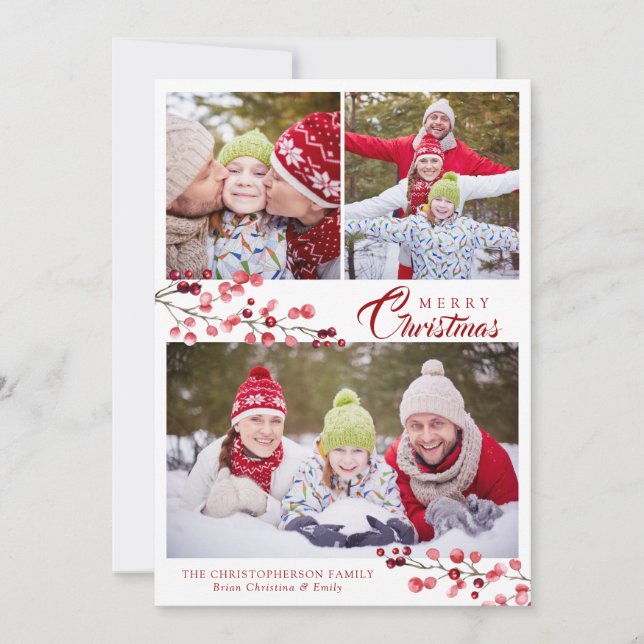 Elegant Red Winter Berries Foliage 3 Photo Collage Holiday Card (Front)
