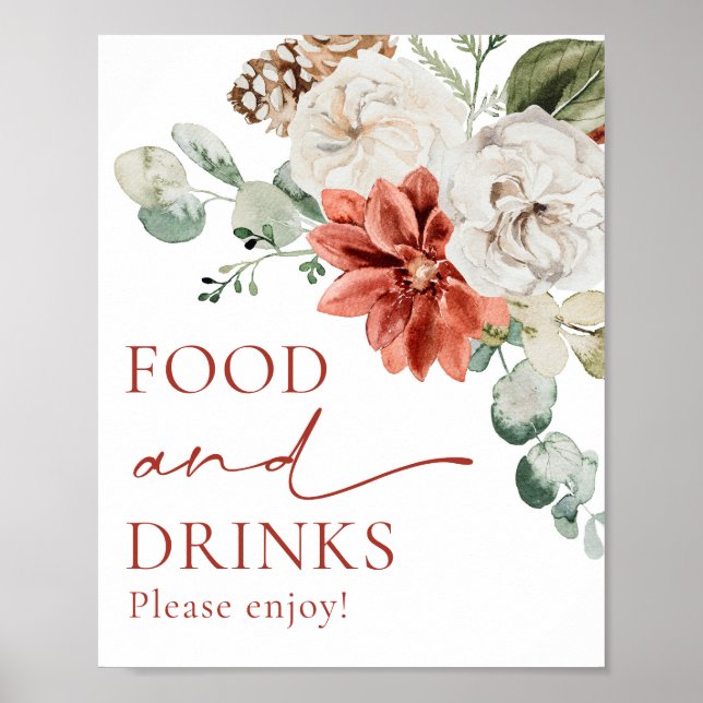 Elegant Red Winter Christmas Food and Drinks Sign (Front)