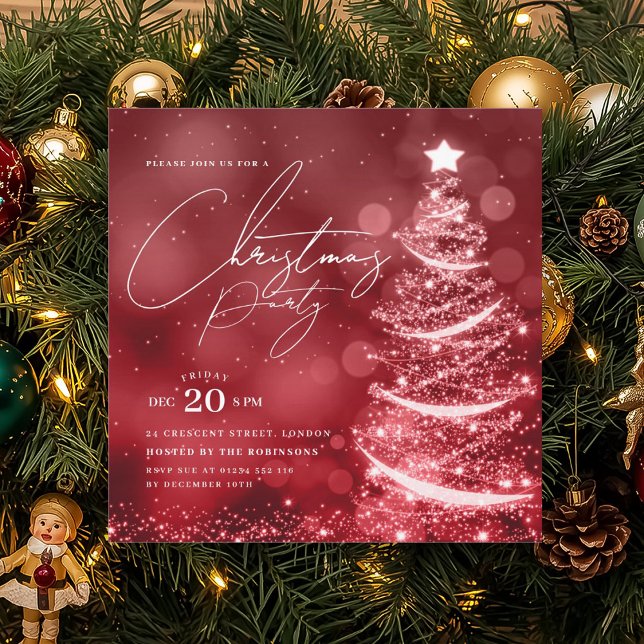 ELEGANT Red Winter Christmas Tree Party  Invitation (ELEGANT Red Winter Christmas Tree Party Invitation)