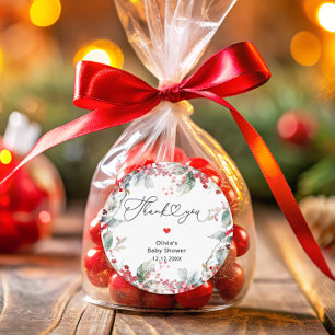 Elegant Red Winter Floral Baby Shower Thank You Classic Round Sticker
