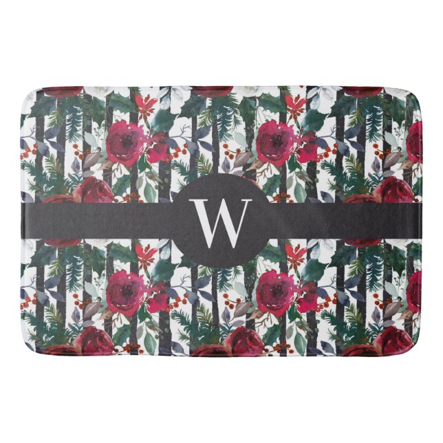 Elegant Red Winter Rose Black Stripe Pattern Bath Mat (Front)