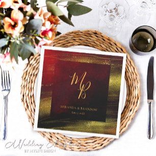 Elegant Red with Gold Monogram Wedding Napkin