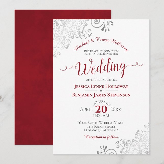 Elegant Red with Silver Lace Formal White Wedding Invitation (Front/Back)