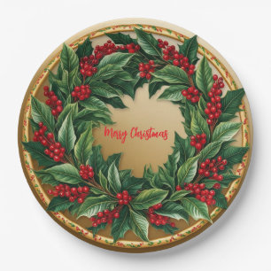 Elegant Red Wreath Holly Berries Christmas Gold me Paper Plate
