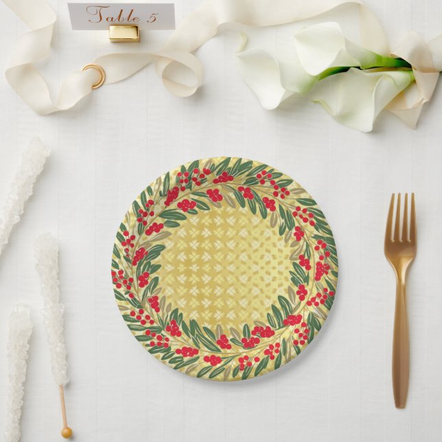Elegant Red Wreath Holly Berries Christmas Gold  Paper Plate (Wedding)